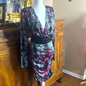 Bebe Black Dress cocktail with Pink Blue Floral 6-8 S/M belt